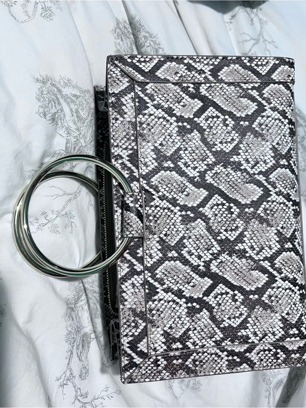 White House Black Market Black & White Snake-Print Ring Handle Clutch